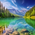 The lake reflects the sky , surrounded by trees and mountains . Generative AI