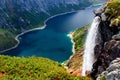 Lake Ringedalsvatnet and a waterfall on the way to Trolltunga, Norway