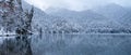 Lake Ritsa winter cloudy weather clouds mirror image of water mountains Abkhazia relict reserve Royalty Free Stock Photo