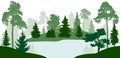 Lake river flows through the forest, silhouette, vector