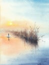 Lake or river landscape with water scene, sunrise and loneless swan Royalty Free Stock Photo