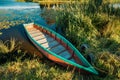 Lake Or River And Old Wooden Blue Rowing Fishing Boat At Beautiful Royalty Free Stock Photo