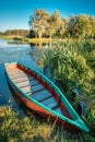 Lake Or River And Old Wooden Blue Rowing Fishing Boat At Beautiful Royalty Free Stock Photo