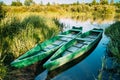 Lake Or River And Two Old Wooden Blue Rowing Fishing Boats At Beautiful Summer Sunny Day Royalty Free Stock Photo