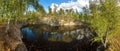 Lake with a rock wall and birch forest