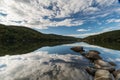 Lake with rocks in the foreground and reflection of sky and surrounding forest