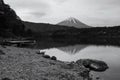 lake Saiko with floating boat and mount Fuji in morning, Yamanashi Royalty Free Stock Photo