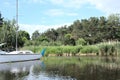 On the lake, a sailboat sails to the shore Royalty Free Stock Photo