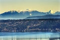 Lake Sammamish Residential Neighborhoods Snow Capped Cascade Mountains Issaquah Washington Royalty Free Stock Photo