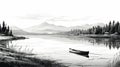 Super High Detail Lake Scene: Black And White Vector Art Illustration