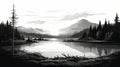 Super High Detail Lake Scene: Black And White Vector Art Illustration