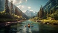 lake scenic boat outdoors nature travel river water person landscape. Generative AI.