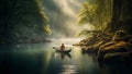 lake scenic travel person river outdoors boat nature landscape water. Generative AI.