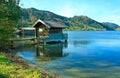 Lake schliersee with boat house, autumnal landscape germany