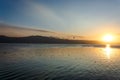 Lake Sevan at sunrise with some seagulls resting on the water Royalty Free Stock Photo