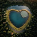 Lake in the shape of a heart in the forest. AI generative