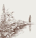 Lake shore, river bank artistic hand drawing Royalty Free Stock Photo