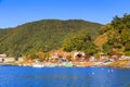 Lake side of Kawaguchi town, viewed from ferry, Kawaguchigo, Japan.