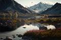 Lake side by the snowy mountains on a sunny day - generative AI