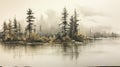 Lake Sketch: Tranquil Pine Trees Reflecting On Water