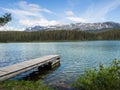 Lake and snow capped mountains with dock