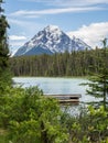 Lake and snow capped mountains with dock