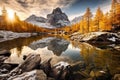 A lake with snow covered mountains and trees