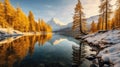 A lake with snow covered mountains and trees