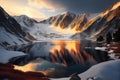 A lake with snowy mountain peaks in the background at sunrise, generative AI Royalty Free Stock Photo