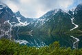 Lake in snowy mountains with pine forest