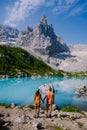 Lake Sorapis Italian Dolomites, Morning with clear sky on Lago di Sorapis in italian Dolomites, lake with unique