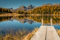 Beautiful mountain lake with a wooden pier near St. Moritz Royalty Free Stock Photo