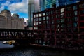 Lake Street Bridge over Chicago River and reflections from neighboring cityscape.