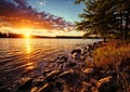 Lake at sunset. Beautiful summer landscape with a lake and trees. Royalty Free Stock Photo