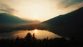 Lake sunset view. magic hour. golden dusk sky. aerial view. Levi