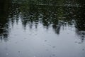 Lake surface during rain, with reflection of trees and sky. Water surface during rain. Rain drops are falling into the water Royalty Free Stock Photo