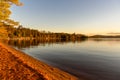 Lake surrounded by forest at sunset in autumn Royalty Free Stock Photo