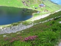 Lake surrounded by green mountains, with building right top