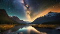 Lake surrounded by mountains, reflecting the night sky filled with stars, including the Milky Way Royalty Free Stock Photo