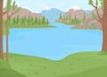 Lake surrounded by snow capped mountains flat color vector illustration