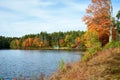 Lake surrounded by thick woodland in autumn