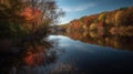 a lake surrounded by trees with autumn foliage on the shore and a blue sky with clouds in the background with a few wispy clouds Royalty Free Stock Photo