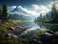 A lake surrounded by trees and mountains