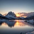 Lake Svartisvatnet and cloudy view to Svartisen Glacier (Meloy, Norway). Panorama. made with Generative AI Royalty Free Stock Photo