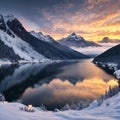 Lake Svartisvatnet and cloudy view to Svartisen Glacier (Meloy, Norway). Panorama. made with Generative AI Royalty Free Stock Photo