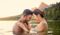 Lake, swim or happy couple love bonding on outdoor holiday vacation adventure or weekend together. Travel, forehead or