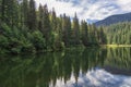 Lake Synevyr in Carpathian mountains, Ukraine. Beautiful mountain lake surrounded by dense green forest Royalty Free Stock Photo