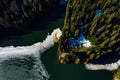 Lake Synevyr framed by a pine forest in the Carpathians, drone view, Synevyr Glade National Nature Park.