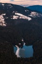 Lake Synevyr framed by a pine forest in the Carpathians, drone view, Synevyr Glade National Nature Park.