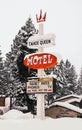 Lake Tahoe CA. Tahoe Queen Motel classic sign snowing Royalty Free Stock Photo